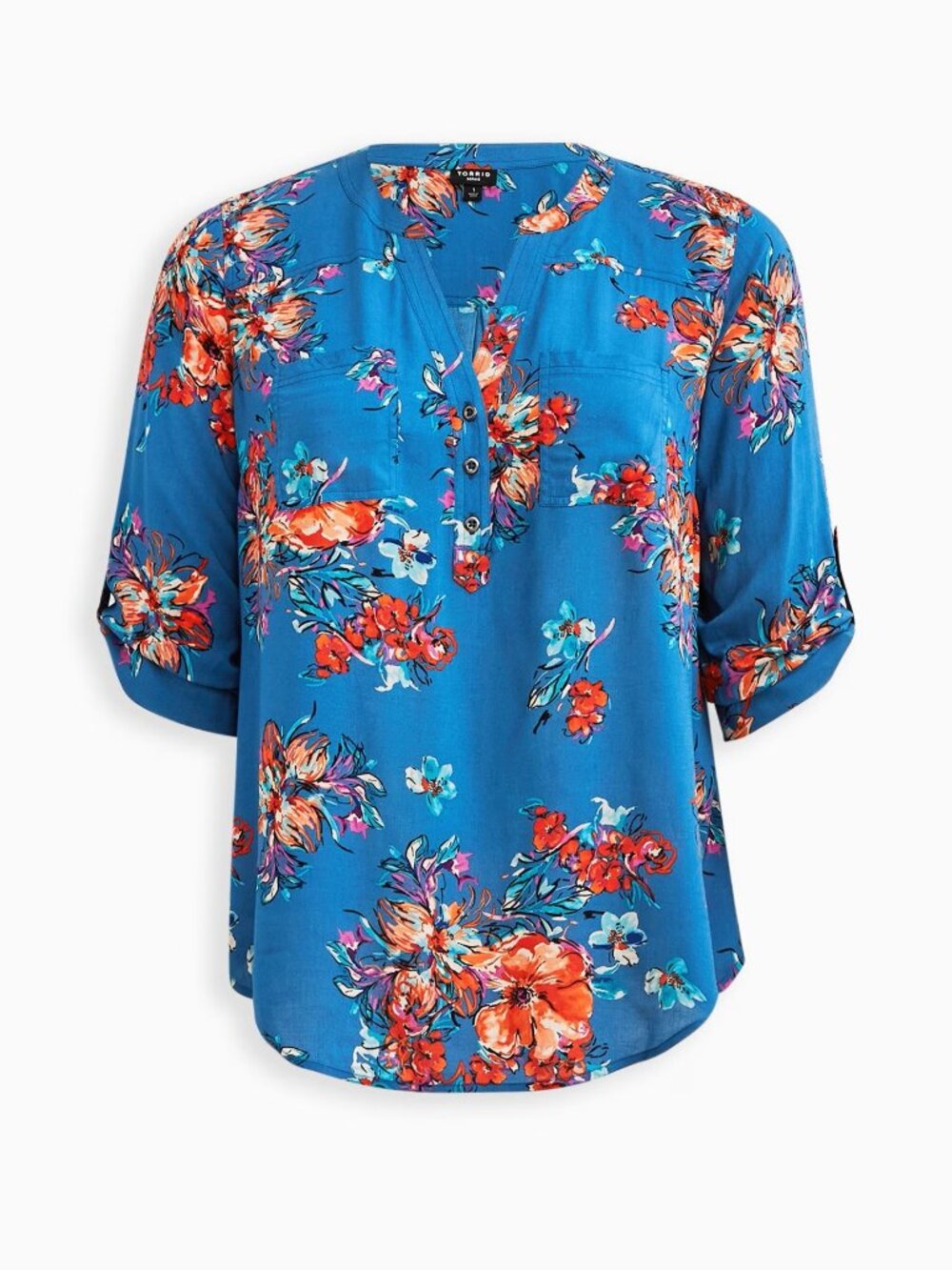 Torrid Harper Challis Floral Blouse 1X Blue Boho Plus Size V-Neck 3/4 Sleeve